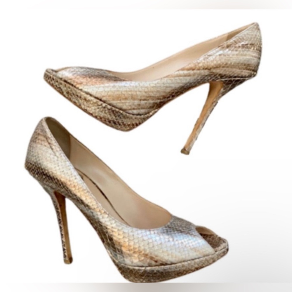CHRISTIAN DIOR Peep Toe Snakeskin Metallic Gold Silver Platform pumps -size 38.5